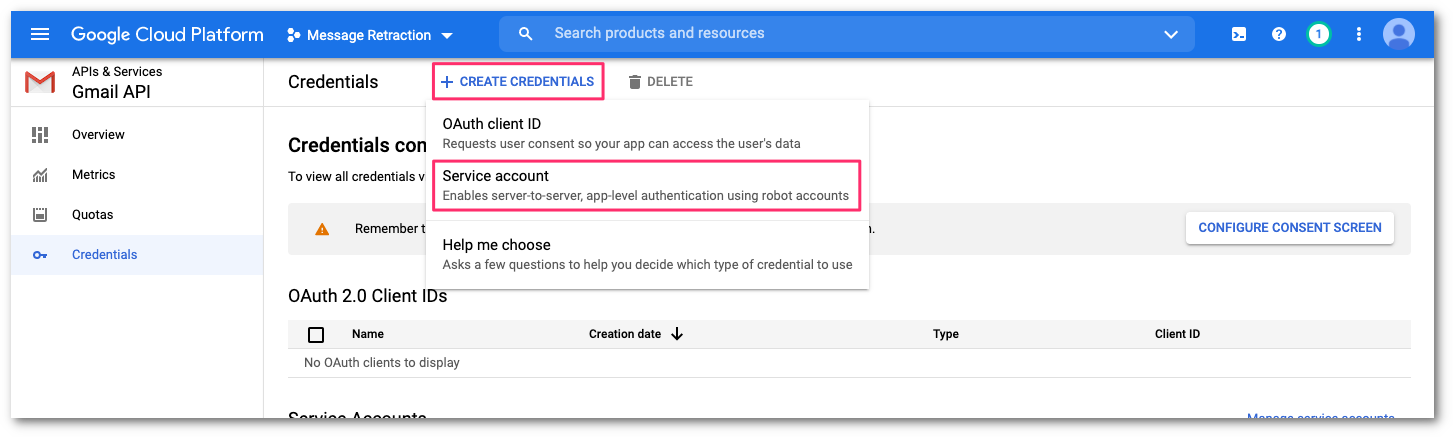 Select Create credentials followed by Service account